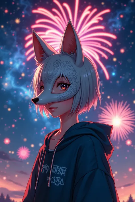 A genderless human wearing a fox mask that covers the whole face. Anime-style fireworks. Short silver hair. Cute. 20 years old.