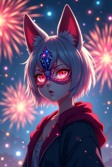 A genderless human wearing a fox mask Anime-style fireworks Silver-haired short Cute Cool 20-year-old