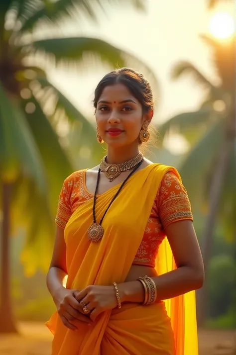 Beautiful malayali girl 25 years old, 68 kg weight, white colour, hair dress is orange colour top and yellow colour shawl half saree,