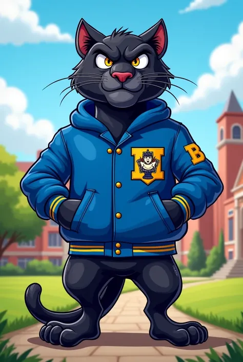 Fierce Panther in cartoon representing a university with a blue jacket 