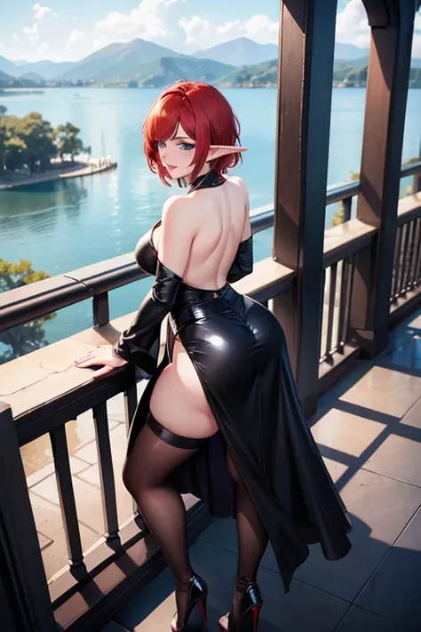 1girl, female mature elf, curvy body build, short red hair, blue eyes, black leather shoulderless evening dress, long flowing skirt, black stiletto high heels, black leather thigh high stockings, seductive smile, seductive pose, standing on balcony near la...