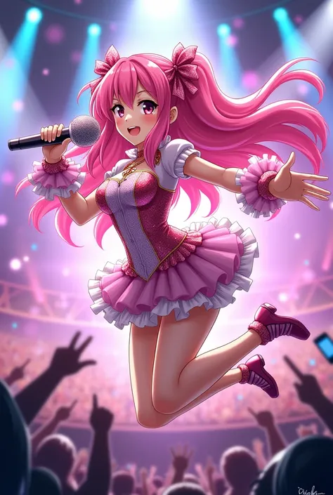 Anime girl jumping slightly sideways Idol holding a microphone