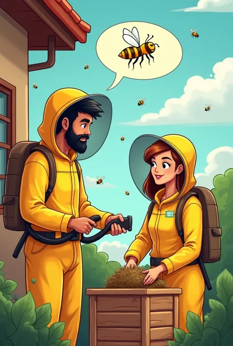 the image must have a cartoon style, with a written sentence " Problems with bees ? I called (17)99181-6498, we serve the extreme region, Camanducaia, Cambui and Braganca Paulista"
 Generate an image of two beekeepers, one man and one woman, in yellow beek...