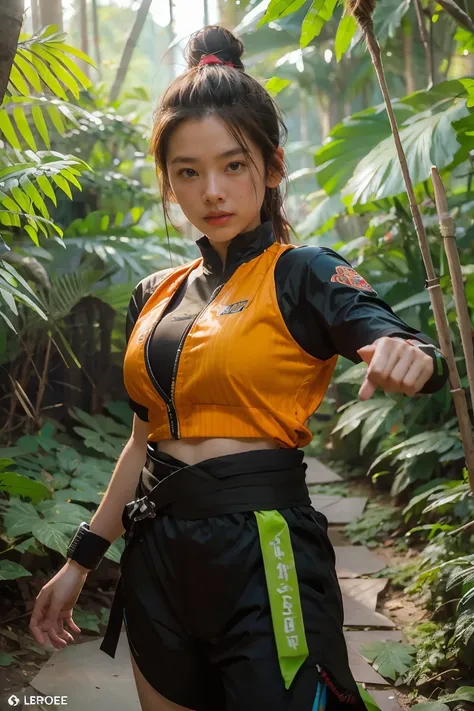 bamboo forest background，appearance of determination，Bright and colorful octane display, Cybernetic and highly detailed., Loba Andrade from apex legends, Built in unreal engine 5, Built in unreal engine 5, Trends on the engine that are not true 5, ancient ...