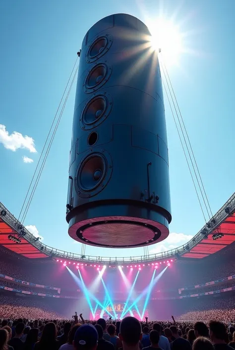 Oval shaped stacked speakers and subwoofers system suspended in air rigged at the center of a stadium for 1000 capacity and more live music performance concert in broad day light