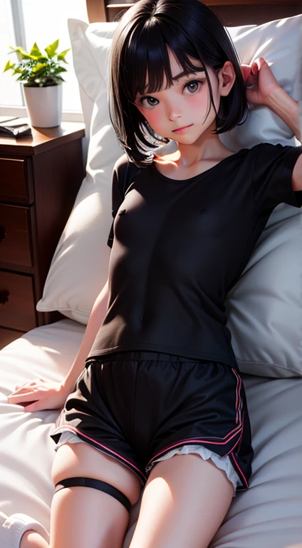 One Woman, alone, alone Focus, Cowboy Shot, Portraiture,, Beaver,((Black Hair)), Short Bob, Very fine eye, work, old Japanese gym clothes、((Bloomers))、 (Small TI quality, Very detailed,Bedroom、Lying in bed