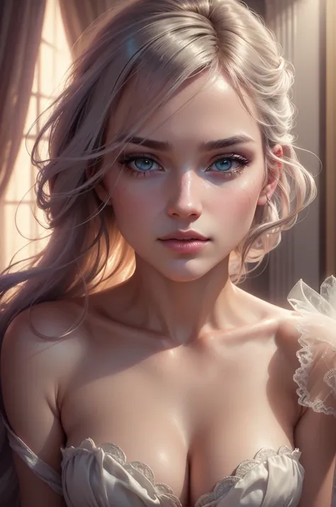 elegant facial features,high fashion glamour,sensual pose,dramatic lighting,cinematic composition,ethereal soft lighting,pastel color palette,romantic artsy vibe,photographic style,award winning digital art,masterpiece,best quality,8k,ultra-detailed,realis...