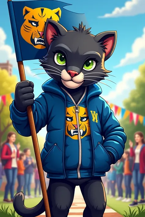 Fierce Panther in cartoon representing a university with a blue jacket , with green eyes and the university flag 