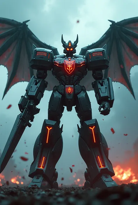 Create a 3D animated robot transformer with Templar and demonic satanic symbolism, featuring epic fighting poses. Add artistic sculptural poses to the scene, depicting the robot crushing its enemies, who are soaked in blood., the atmosphere is cold, It&#39...