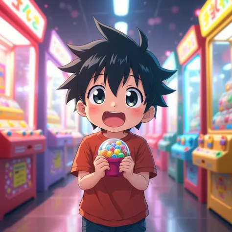 anime,1boy, alone, Highest quality, masterpiece, 8k, High Definition, alone, HDTV Face, Soft lighting, (looking at the camera), (Portraiture: 0.6), whole body, smile, Open your mouth,I have a gachapon,Japan Game Center,Proud of it,cute