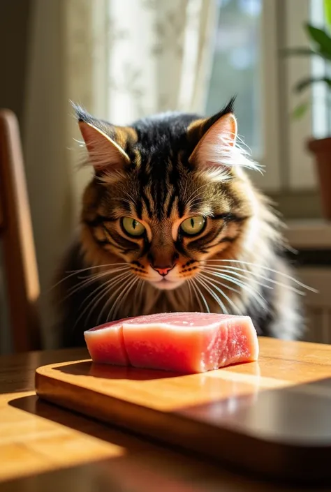 The cat saw a large piece of food on the table and immediately felt hungry.