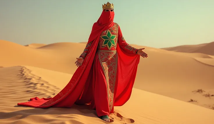 Morocco as a marrakesh League of Legend sand creature in bright red with a palm green morocco five-pointed star. Intricated clothing. Cinematic Fantasy sci-fi landscape background