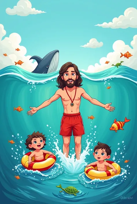 Create a print art for a BLOUSE In the art you must put Jesus dressed as a lifeguard, inside the sea, swimming towards the 2 drowning children, add floats to the children.
  Also add little fish, whale and turtles, I want all the art in DRAWING. 
The kids ...