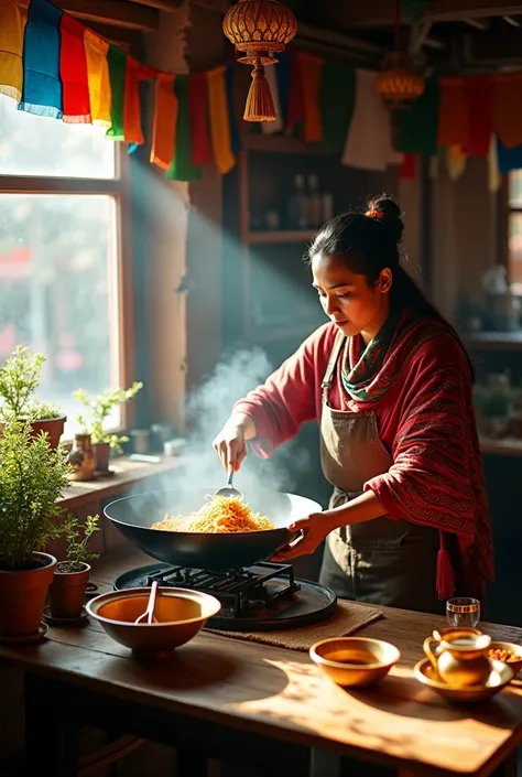 Nepali small resturent chie making kima noodles 