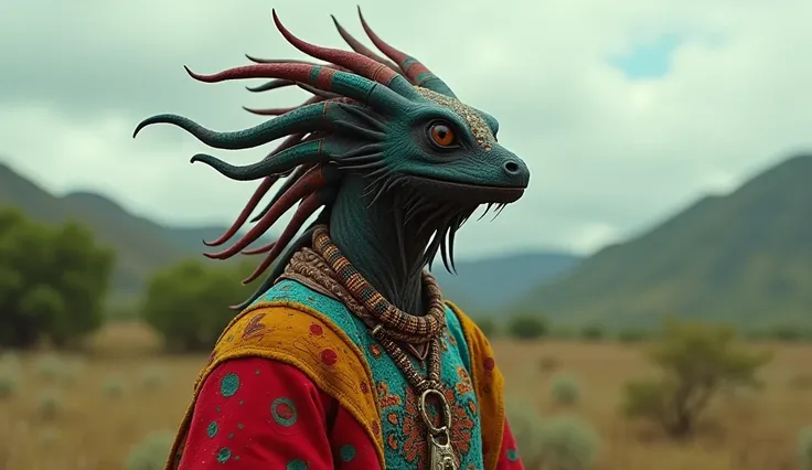 Mozambique as an african League of Legend creature in red, teal, black, yellow and white colors. Intricated clothing. Cinematic Fantasy sci-fi landscape background