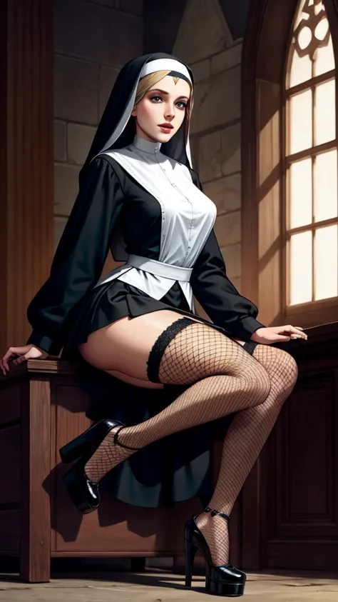 nun, sitting, high heels, fishnet stockings, mini skirt, rebel, panties, digital art, fantasy, dark magic, occult, mystical
