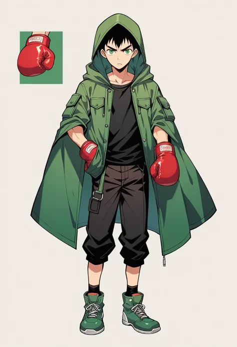 (manga style,concept art),young man with black hair,hooded coat down,green pupils,red boxing gloves