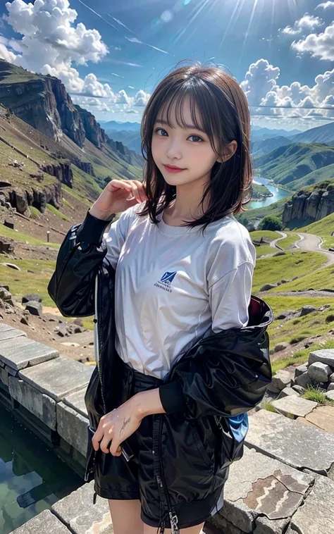 Best Quality、masterpiece、Very detailed、beautiful、cute、Cowboy Shots、 1 person、Mountain Girl、Mountaineering、Sweat、Wet clothes、Mountaineering靴、sunny、beautiful山々View of