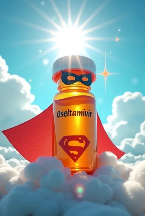 A medicine bottle with the name oseltamivir on it and a mask and cape like a superhero