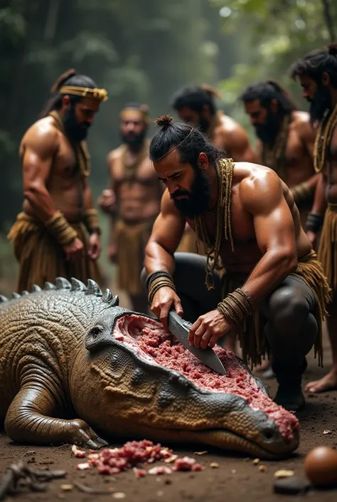 a group of primitive humans, one holding a knife, cutting meat from a dead sleep t-rex. Tilt shift photography. , detailed anatomy, detailed clothing, intricate details, highly detailed, award winning, masterpiece, 8k, photorealistic, dramatic lighting, mo...