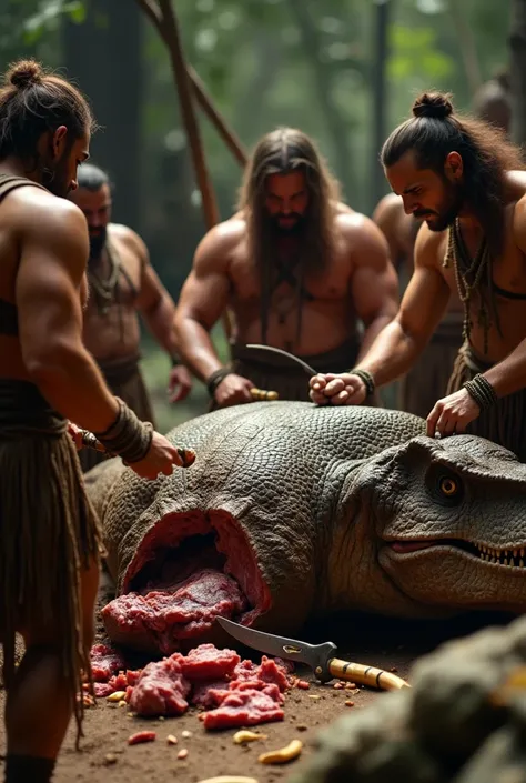 a group of primitive humans, one holding a knife, cutting meat from a dead sleep t-rex. Tilt shift photography. , detailed anatomy, detailed clothing, intricate details, highly detailed, award winning, masterpiece, 8k, photorealistic, dramatic lighting, mo...