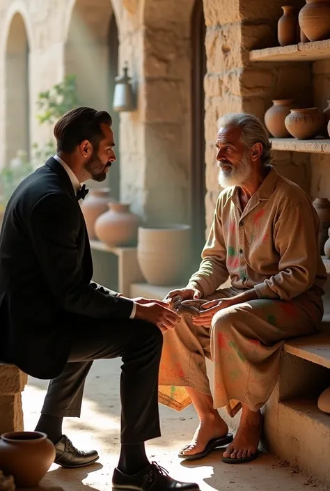 A person in a tuxedo interviews a local Greek potter