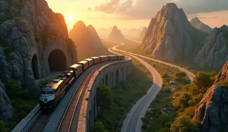 Bird’s eye view of a modern new train system, having just passed through Ape Mountain, which is like a giant man-made stone monkey head with a tunnel through the mouth. Turning east, leaving the city, the throttle set to full speed. Dawn breaking, looking ...