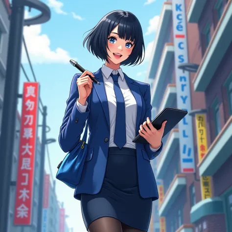 The young woman short black hair and blue eyes wear a blue suit, white shirt, dark blue necktie, black pencil skirt, black underpants, black tights, black socks, adidas white sneakers.

She wears the glasses, Her left hand holds a tablet, Her right hand ho...