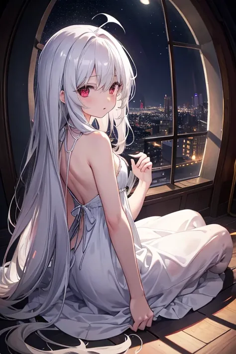 One person, solo, Long Hair, High resolution, chest, とてもLong Hair, Gray Hair, Ahoge, High resolution, masterpiece, Highest quality, Simple Background, Red eyes, Open your mouth a little, prison、Jail、薄dark、night中、Crescent Moon、White dress、noble、Lady、Sitting...