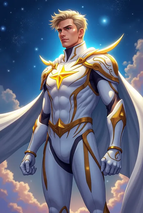 Starman hero, in white & gold colors. (Anime style)