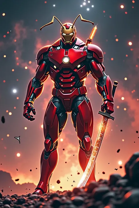 Fire ant in a robotic future armor ,standing with 2 legs, holding a badass katana. Body like a body builder. Color armor red and gold like iron man. In space