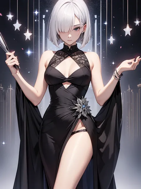  1woman, wearing a stylish black colour party frock, agt a night party , silver short hair, 8k, high detailed, high quality