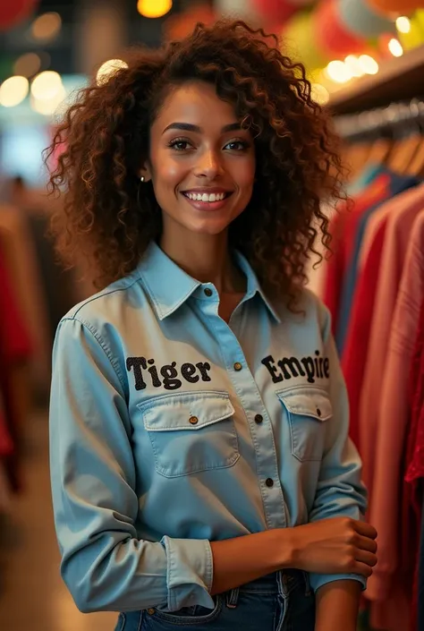 Make me a realistic latin woman for my store,eyes browns,curly hair, be wearing a full-length button-down tailored sleeve dress shirt,that she is smiling,I want this phrase printed on the clothes "Tiger Empire" on the left breast