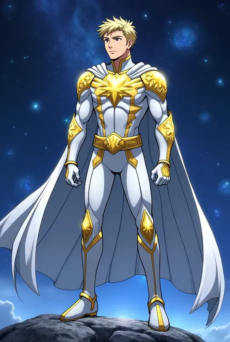 Starman hero, in white & gold colors, long cape. (Anime style)