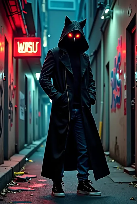 Make a picture of a man in a black overcoat, jeans, and tennis. The coat has a black hood with cat ears and where the eyes would be there is pitch black and two red orbs as eyes..