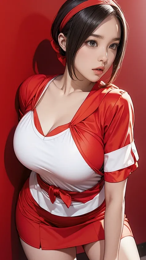 score_9, score_8_superior, score_7_superior, sauce_anime, ((())), character_Pokemon_May, bandana, Red Shirt, Short skirt, Bike Shorts, Cleavage, ((Large Breasts)), ((Perfect Lips)), ((Leaning forward)),  ((Down Blouse:1.4)), ((shy))