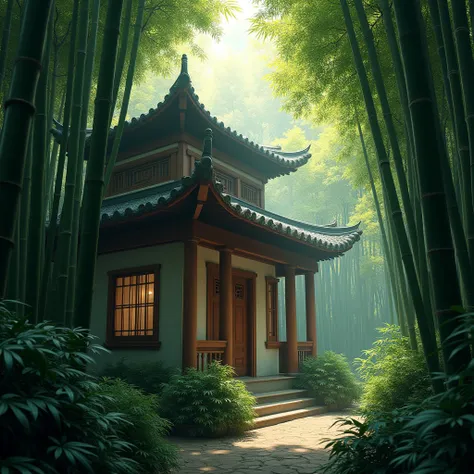 (Bamboo Forest), a chinese house in the deep of bamboo forest. Beautiful cinematic lighting, surreal, RAW photo, color graded, dynamic movement, captivating chiaroscuro, full body, award-winning, cinematic still, emotional, vignette, dynamic, vivid, (maste...