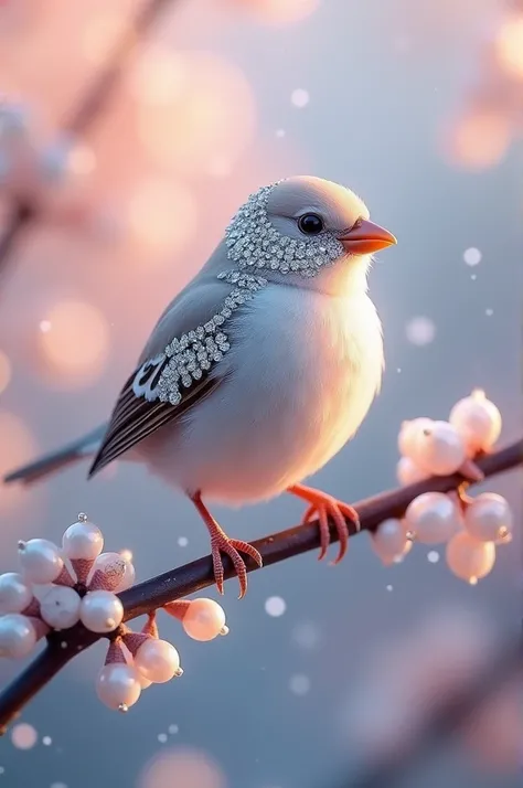 A delicate sparrow perched gracefully on a branch, its feathers adorned with intricate patterns of sparkling diamonds and lustrous pearls. The diamonds are embedded along the edges of its wings, catching the light with every subtle movement, while pearls a...