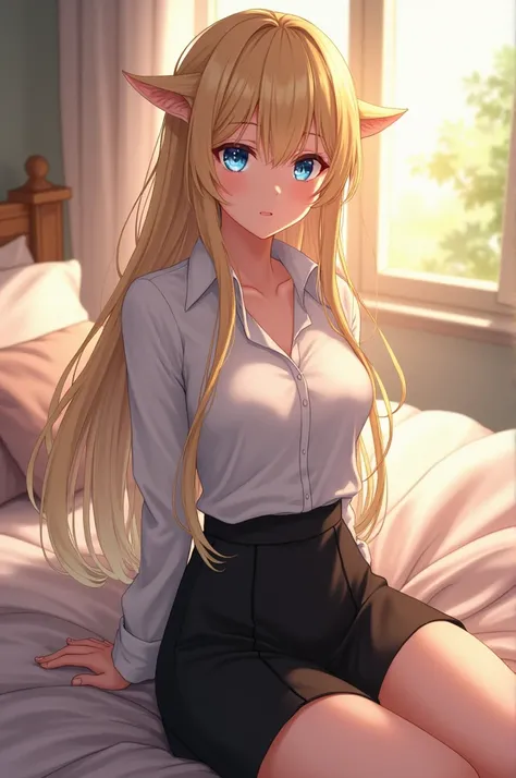 Anime Mature MILF, long blonde hair, long ear pricks, blue eyes, wearing a white shirt, and a long black skirt, in bed.