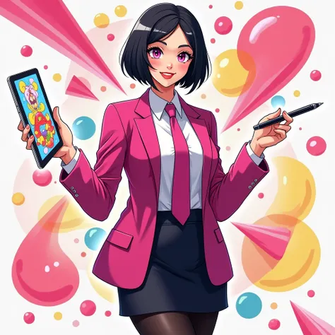 The young woman short black hair and pink eyes wear a pink suit, white shirt, magenta necktie, black pencil skirt, black underpants, black tights, black socks, adidas white sneakers.

She wears the glasses, Her left hand holds a tablet, Her right hand hold...