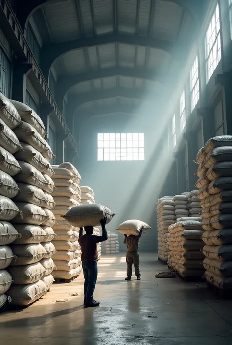 Généré une image dun grand entrepôt de couleur grise, avec des piles des stocks en sacs bien rangées, avec des dockers en train de prendre sur leur tête des sacs dautres remplisse les ces sacs de façon artisanale 