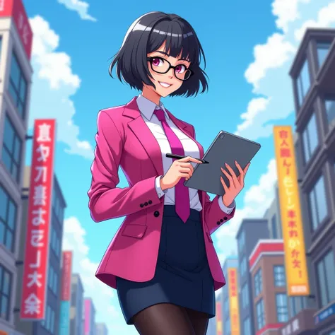 The young woman short black hair and pink eyes wear a pink suit, white shirt, magenta necktie, black pencil skirt, black underpants, black tights, black socks, adidas white sneakers.

She wears the glasses, Her left hand holds a tablet, Her right hand hold...