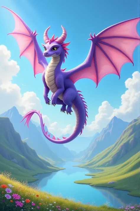 A lilac dragon in a calm landscape flying in the sky 