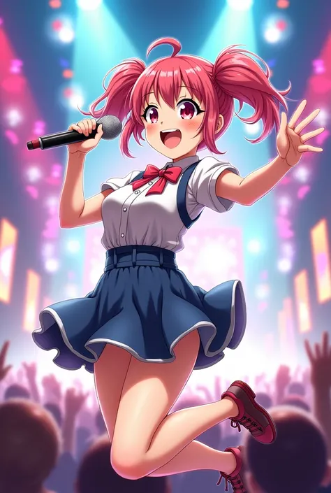 Anime girl jumping slightly sideways, idol holding a microphone with her hair tied on both sides on stage