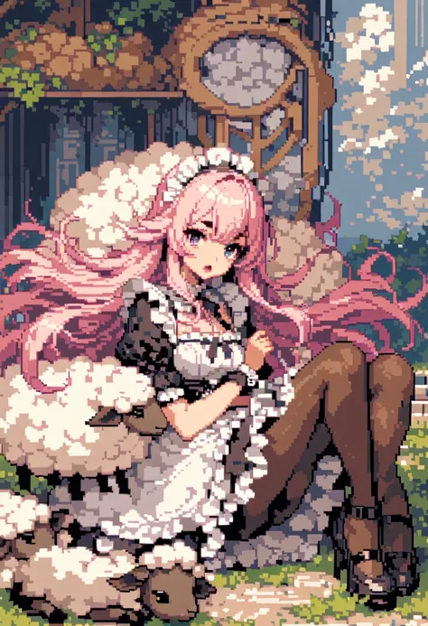 masterpiece, highest quality, 8k, beautiful pixel art, vivid, sheep, young woman, open your mouth, ((fluffy hair)), long hair, h...