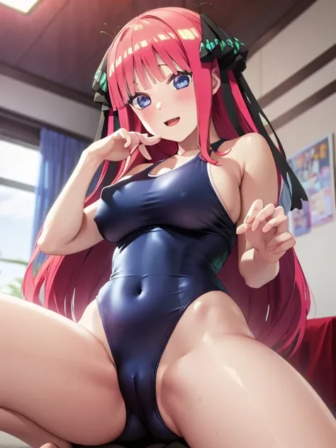 best quality, insanely detailed, nino nakano, breasts, blush, bedroom background, looking at viewer, cheerful eyes, masturbation, pussy, nsfw,arousal, one-piece swimsuit