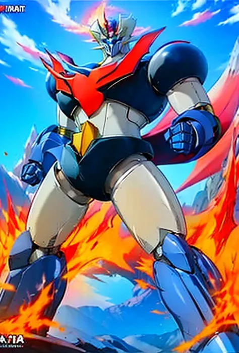 A giant super robot towering into the sky　mazingerz mazinkizer スーパーロボット　upright　Giant robot　Explosive Flame　graduate School　Fighting UFOs
