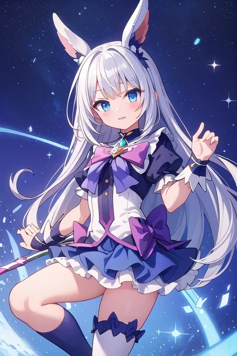 Silver Hair　Magical girl　Tattered　Long Hair　Blue eyes　mini skirt　High Knee Socks　young