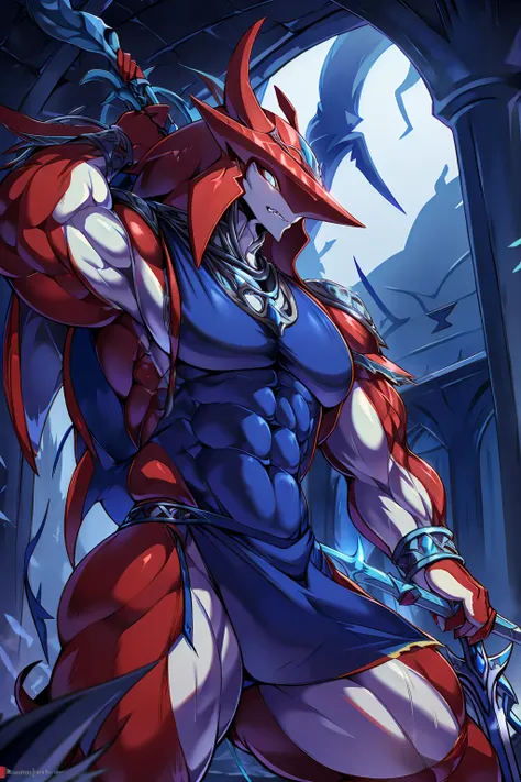 red body,blue hood,slender and huge muscles,armor,ready your spear,bulging muscles,evil atmosphere