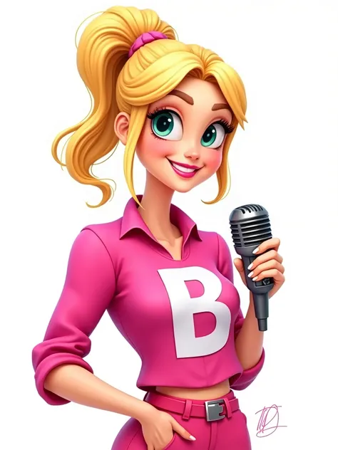 drawing of a blonde character with a hair tie and a microphone in her hand, TV presenter style. Colorful clothes in shades of pink, with the letter "B" on the shirt. 2D style drawing on a white background.